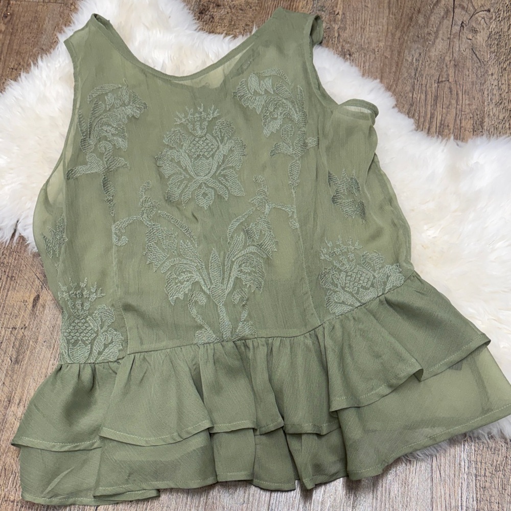 GUESS Olive Green Embroidered Peplum Tank Top size Large